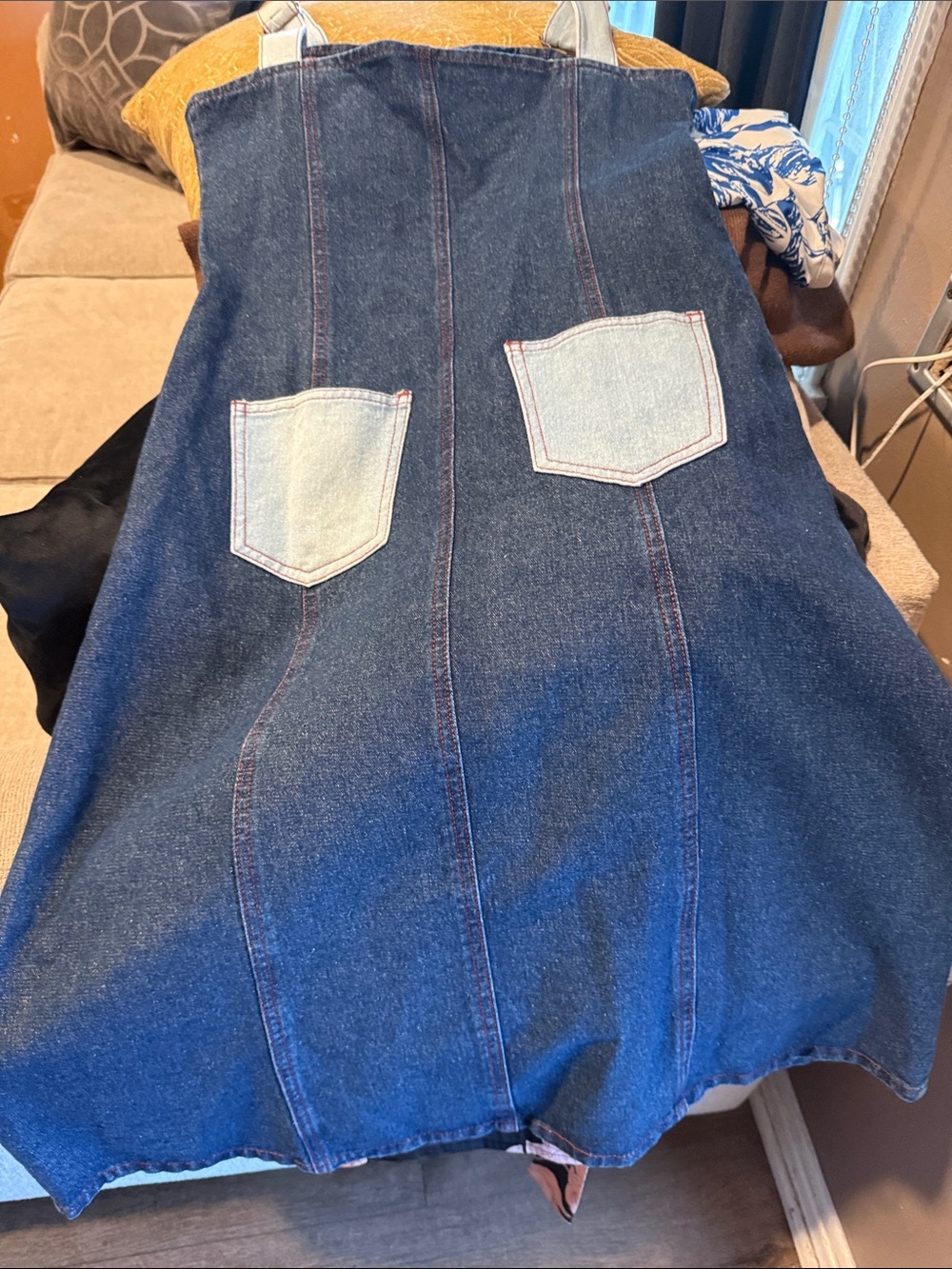 Dark Blue Denim Midi Pinafore Dress with Contrast Pockets